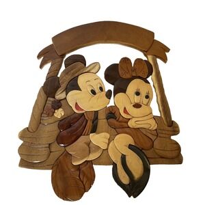 Vtg Mickey & Minnie Mouse Intarsia Wood Carving Disney Wall Art Sitting In Swing